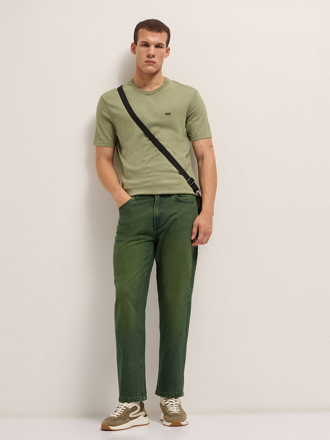 Green Mid-Rise Straight Fit Jeans with Heavy Washed Effect