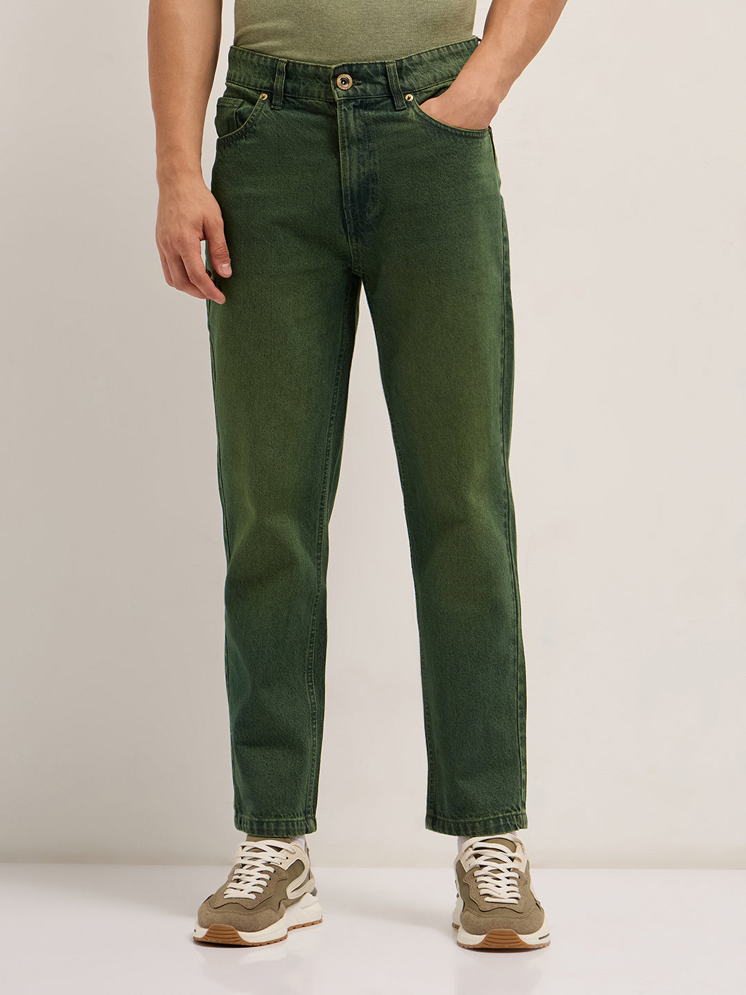 Green Mid-Rise Straight Fit Jeans with Heavy Washed Effect