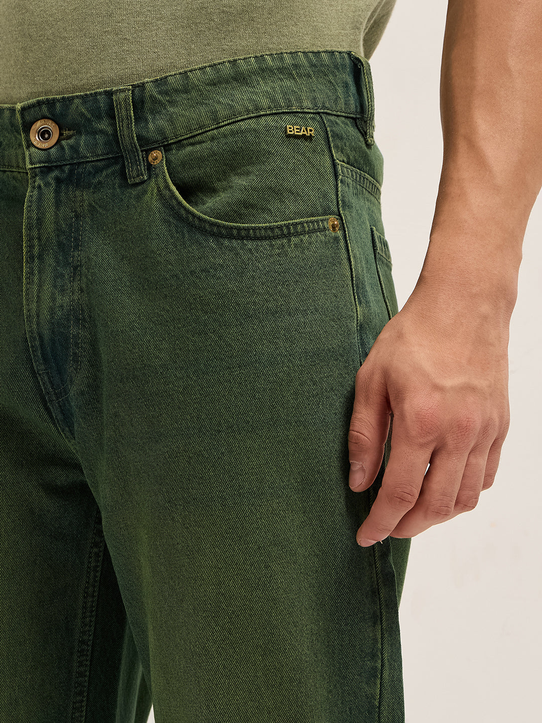 Green Mid-Rise Straight Fit Jeans with Heavy Washed Effect
