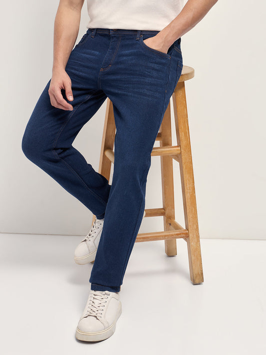 Dark Blue Mid-Rise Slim Fit Jeans with Light Fade
