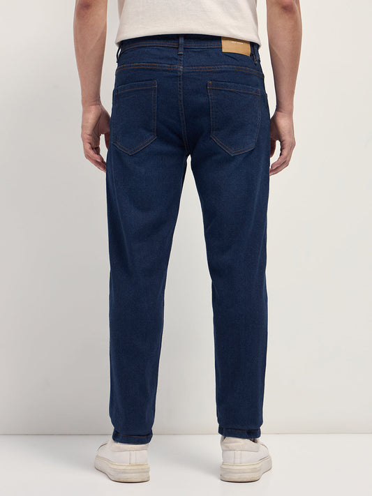Dark Blue Mid-Rise Slim Fit Jeans with Light Fade