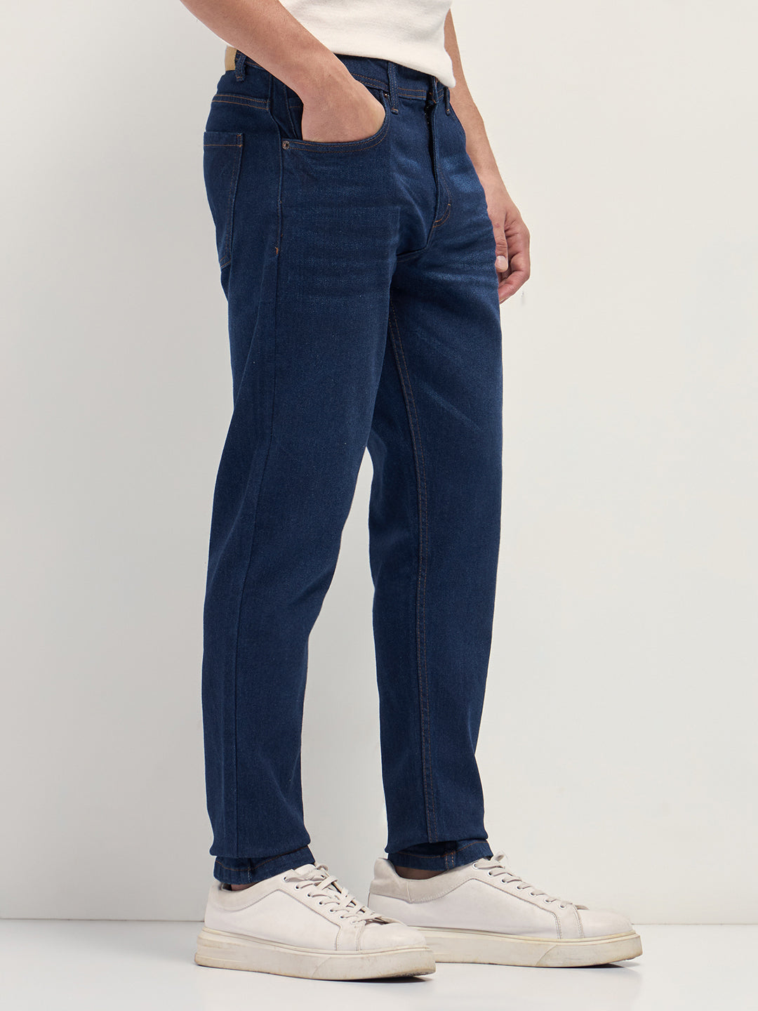 Dark Blue Mid-Rise Slim Fit Jeans with Light Fade