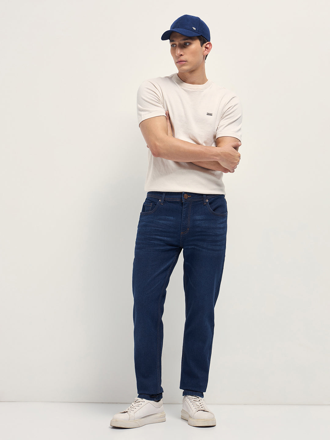 Dark Blue Mid-Rise Slim Fit Jeans with Light Fade