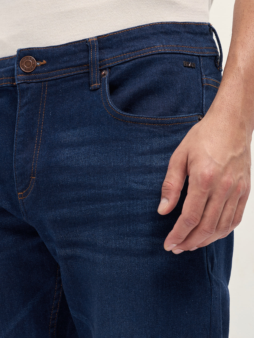 Dark Blue Mid-Rise Slim Fit Jeans with Light Fade
