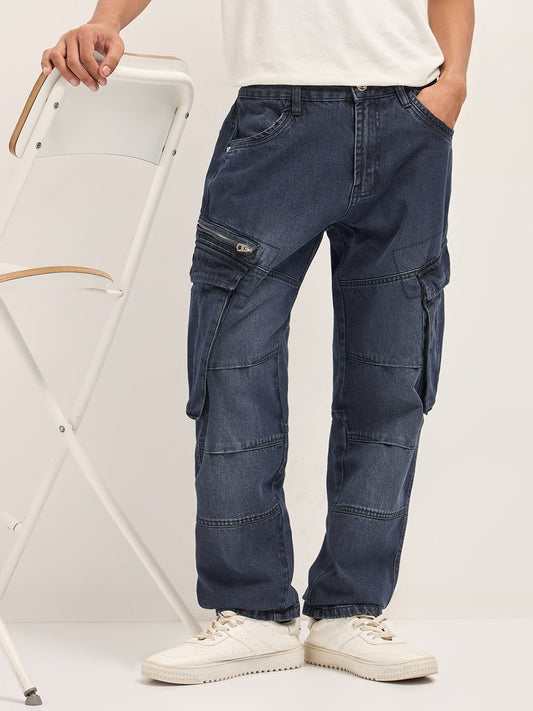Mid Blue Faded Straight Fit Cargo Denim with Utility Pockets