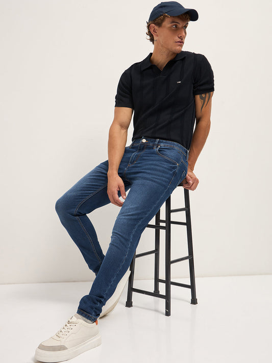 Dark Blue Mid-Rise Skinny Fit Jeans with Mid Fade
