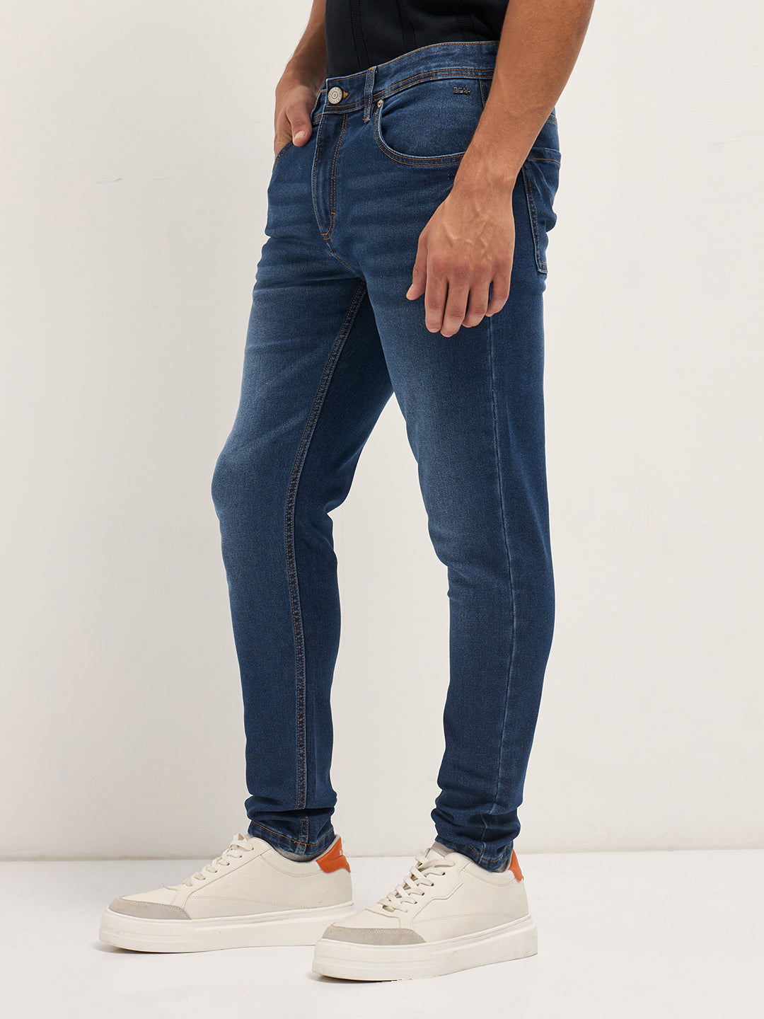 Dark Blue Mid-Rise Skinny Fit Jeans with Mid Fade