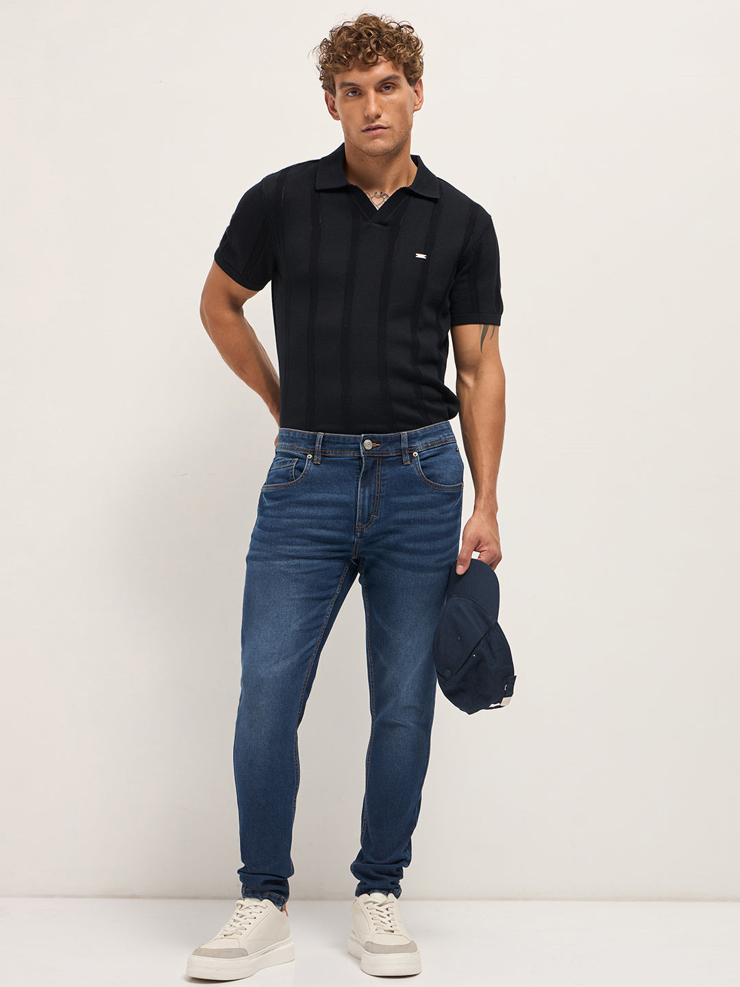 Dark Blue Mid-Rise Skinny Fit Jeans with Mid Fade