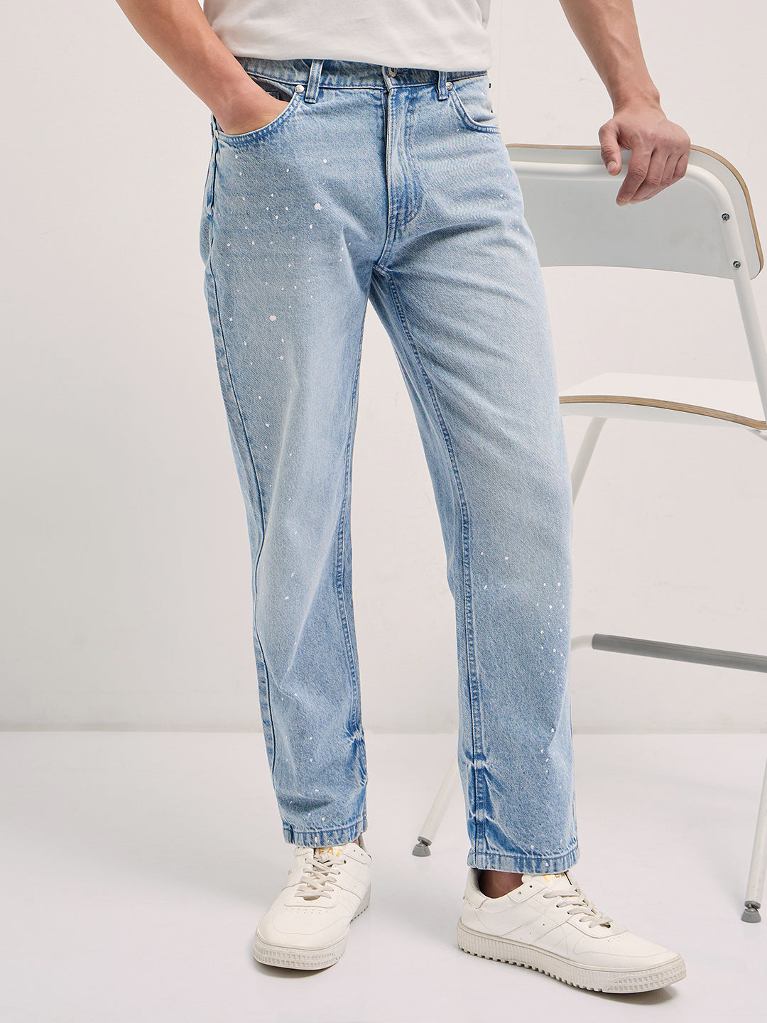 Light Blue Straight Fit Mid Rise Jean with Splatter Paint Effect
