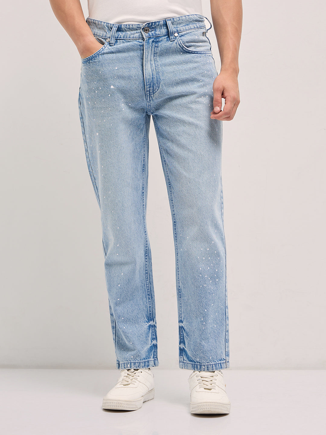 Light Blue Straight Fit Mid Rise Jean with Splatter Paint Effect