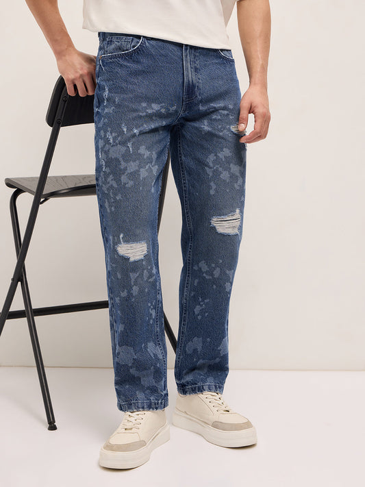 Blue Straight Fit Jeans with Distressed & Bleached Effect
