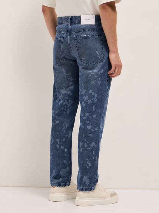 Blue Straight Fit Jeans with Distressed & Bleached Effect