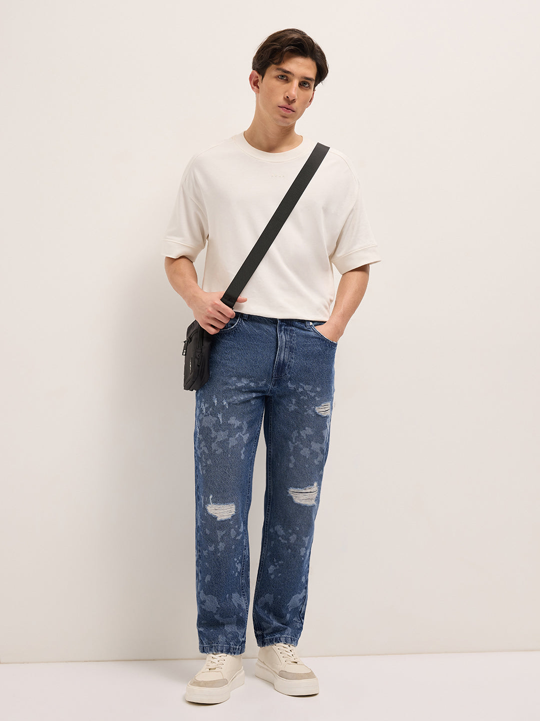 Blue Straight Fit Jeans with Distressed & Bleached Effect