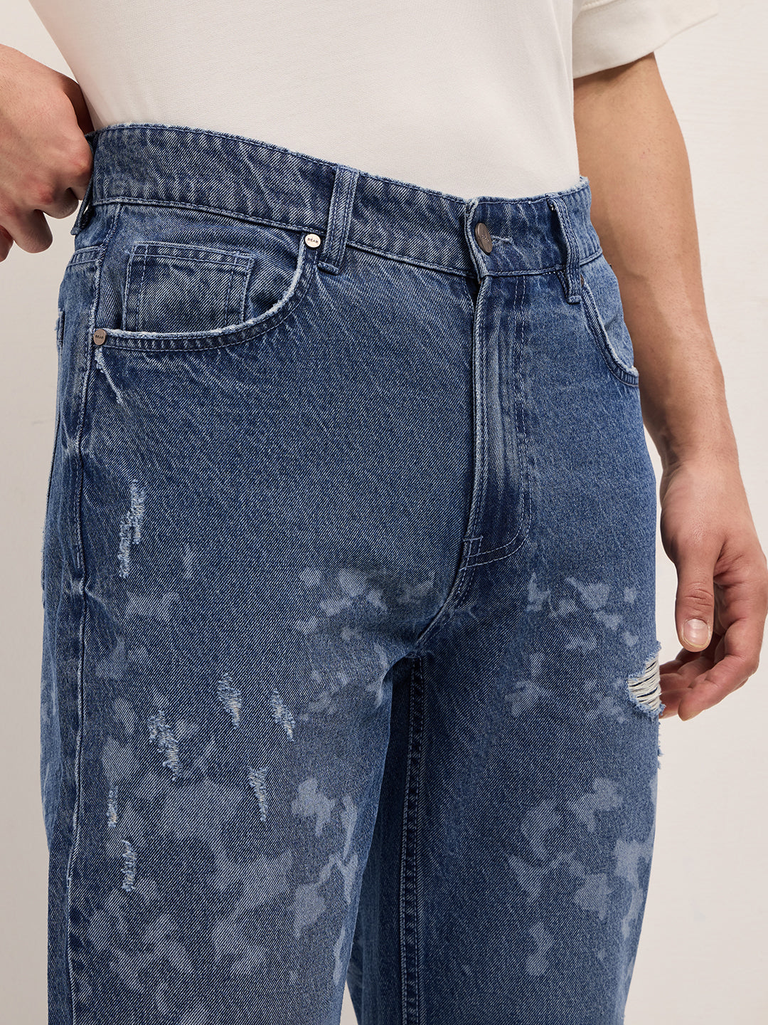 Blue Straight Fit Jeans with Distressed & Bleached Effect