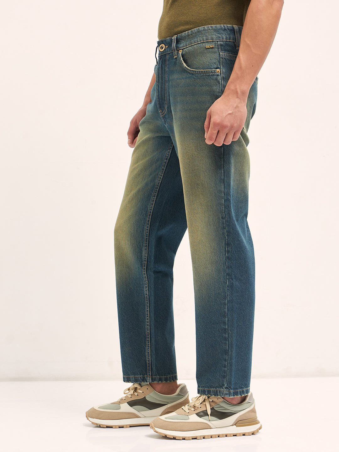 Mid Blue Mid-Rise Straight Fit Jeans with Heavy Washed Effect
