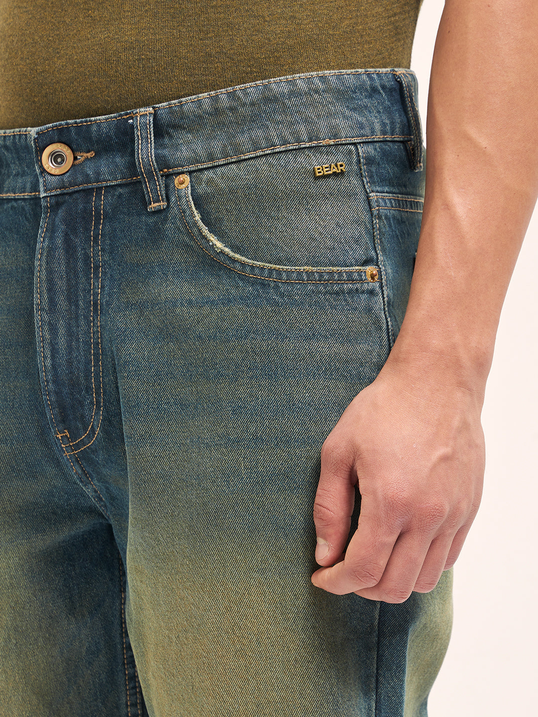 Mid Blue Mid-Rise Straight Fit Jeans with Heavy Washed Effect