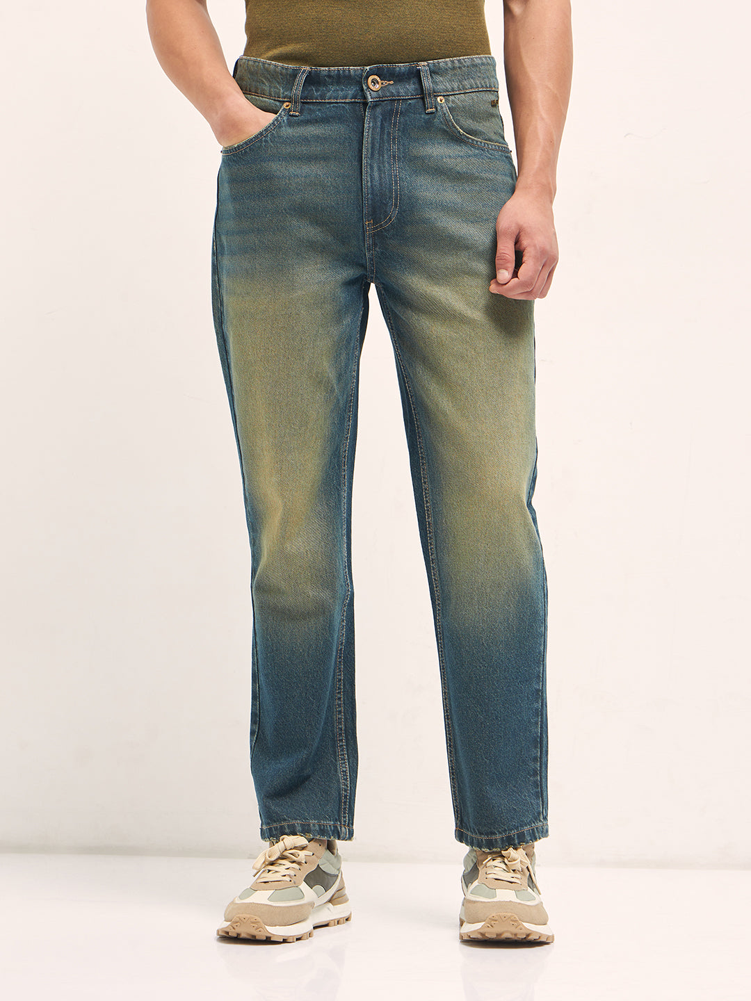 Mid Blue Mid-Rise Straight Fit Jeans with Heavy Washed Effect