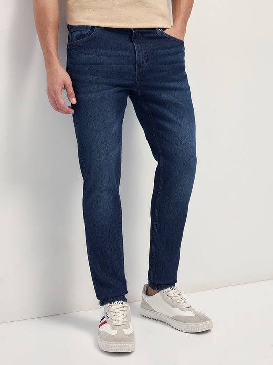 Dark Blue Mid-Rise Slim Fit Jeans with Light Fade