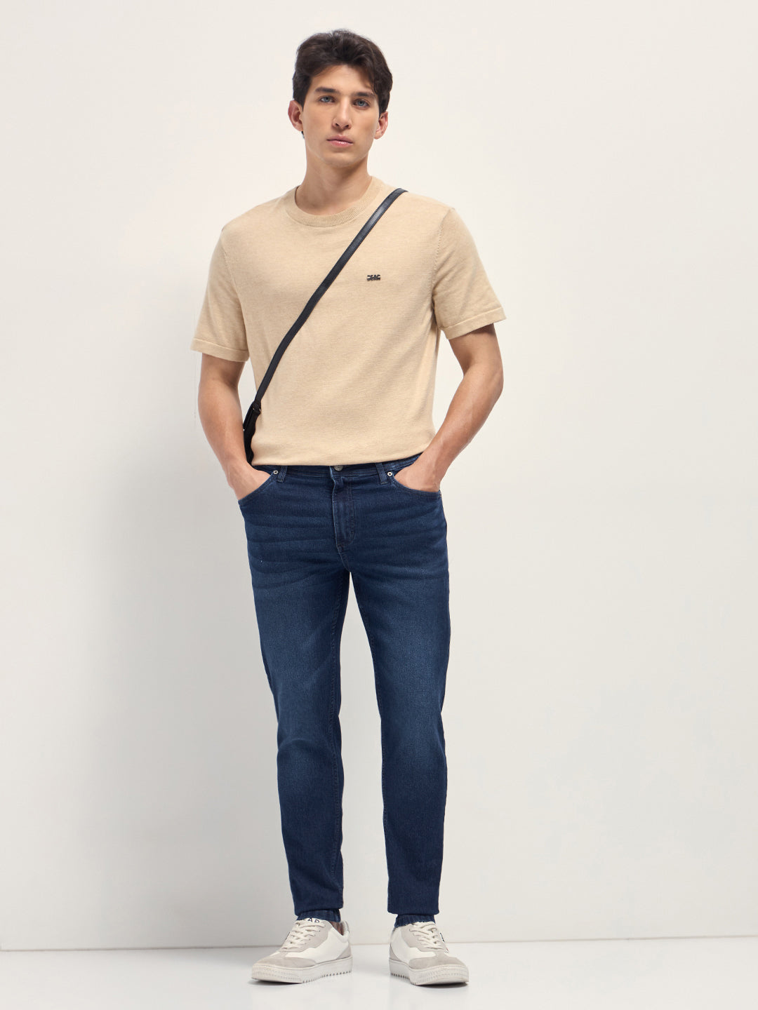 Dark Blue Mid-Rise Slim Fit Jeans with Light Fade