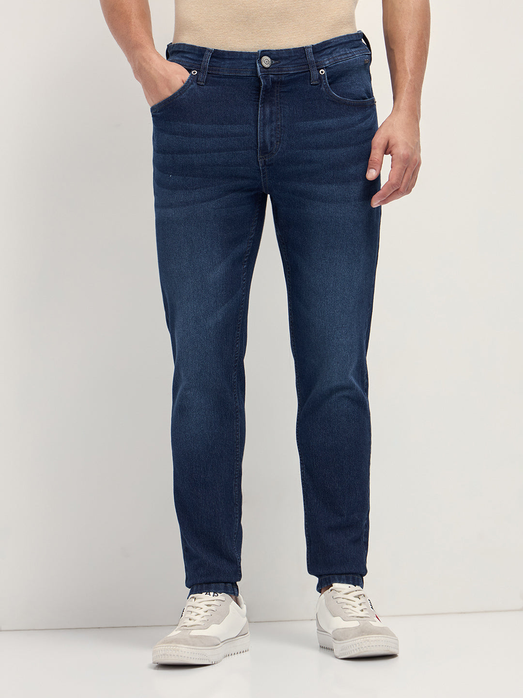 Dark Blue Mid-Rise Slim Fit Jeans with Light Fade