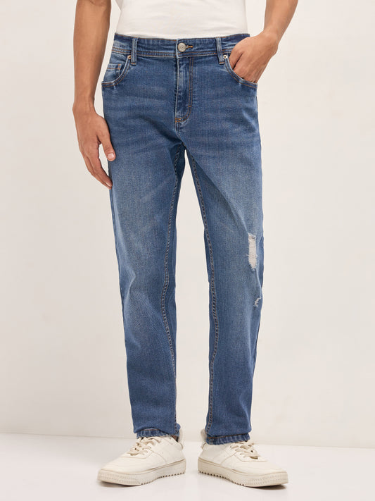 Mid Blue Mid-Rise Slim Fit Jeans with Lightly distressed