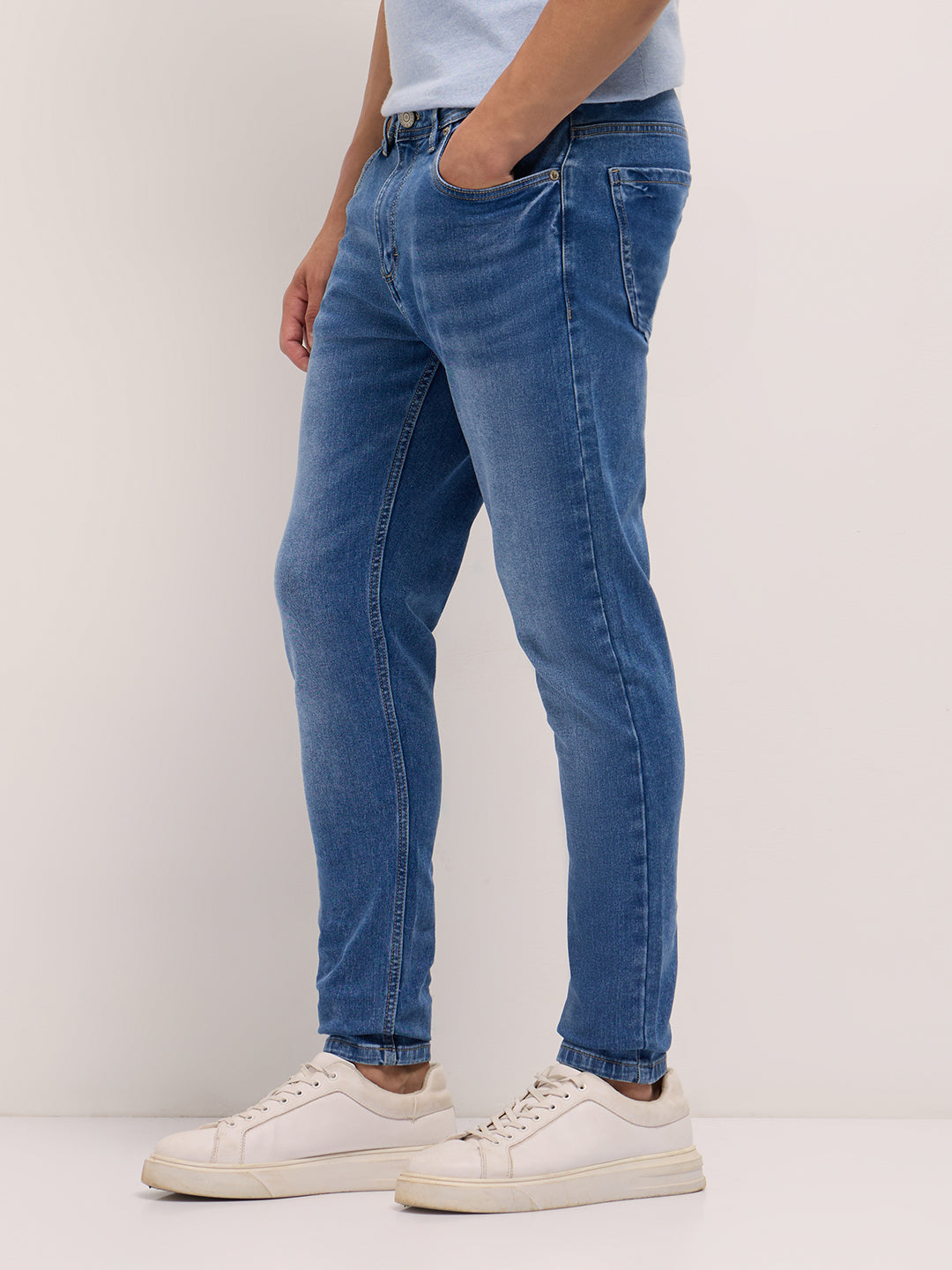 Mid Blue Mid-Rise Skinny Fit Jeans with Light Fade