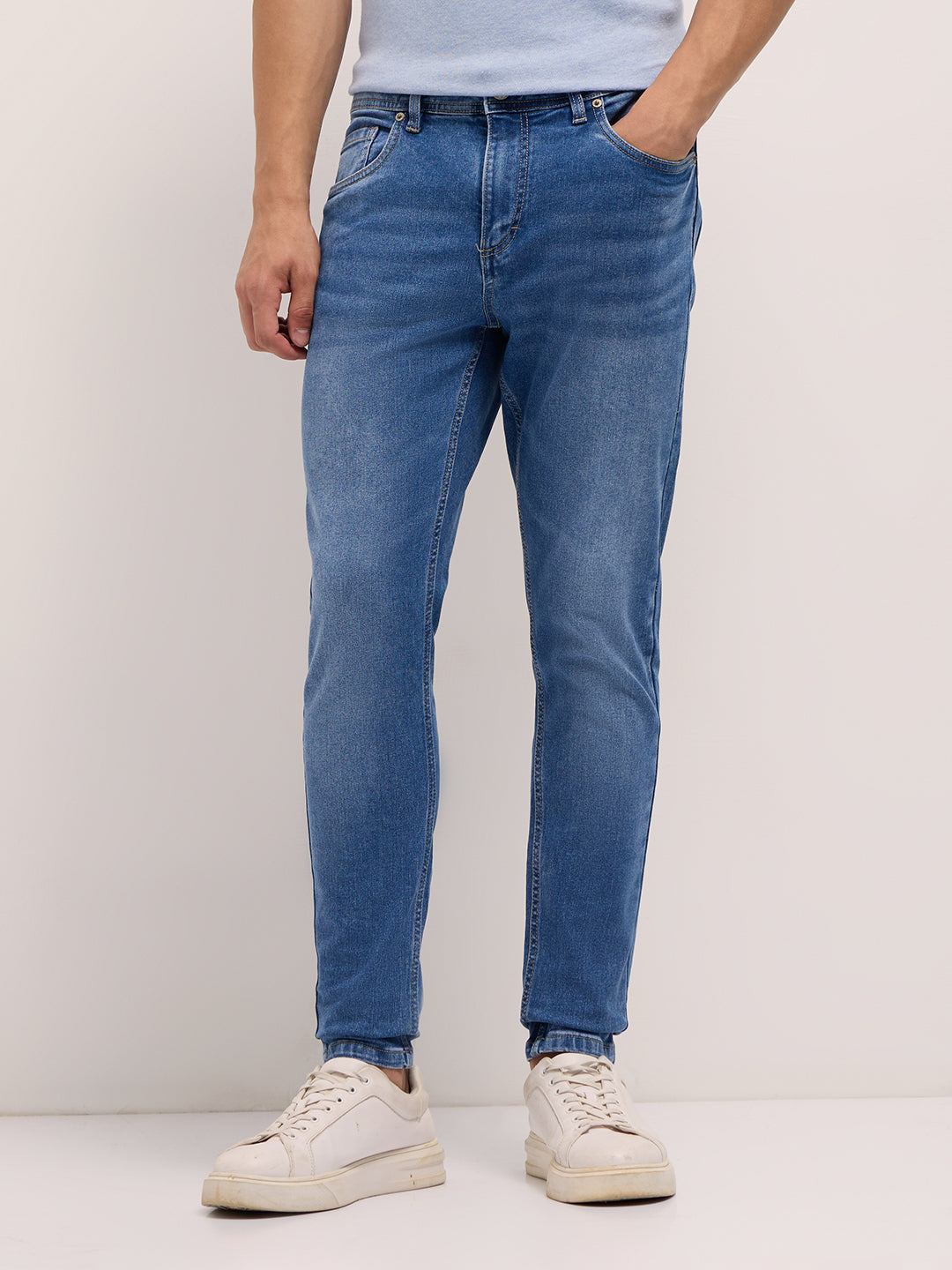 Mid Blue Mid-Rise Skinny Fit Jeans with Light Fade
