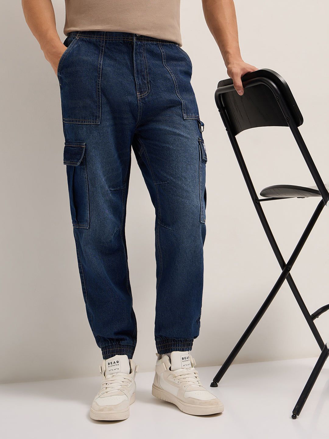 Dark Blue Baggy Fit Jogger-Style jean with Cargo Pockets