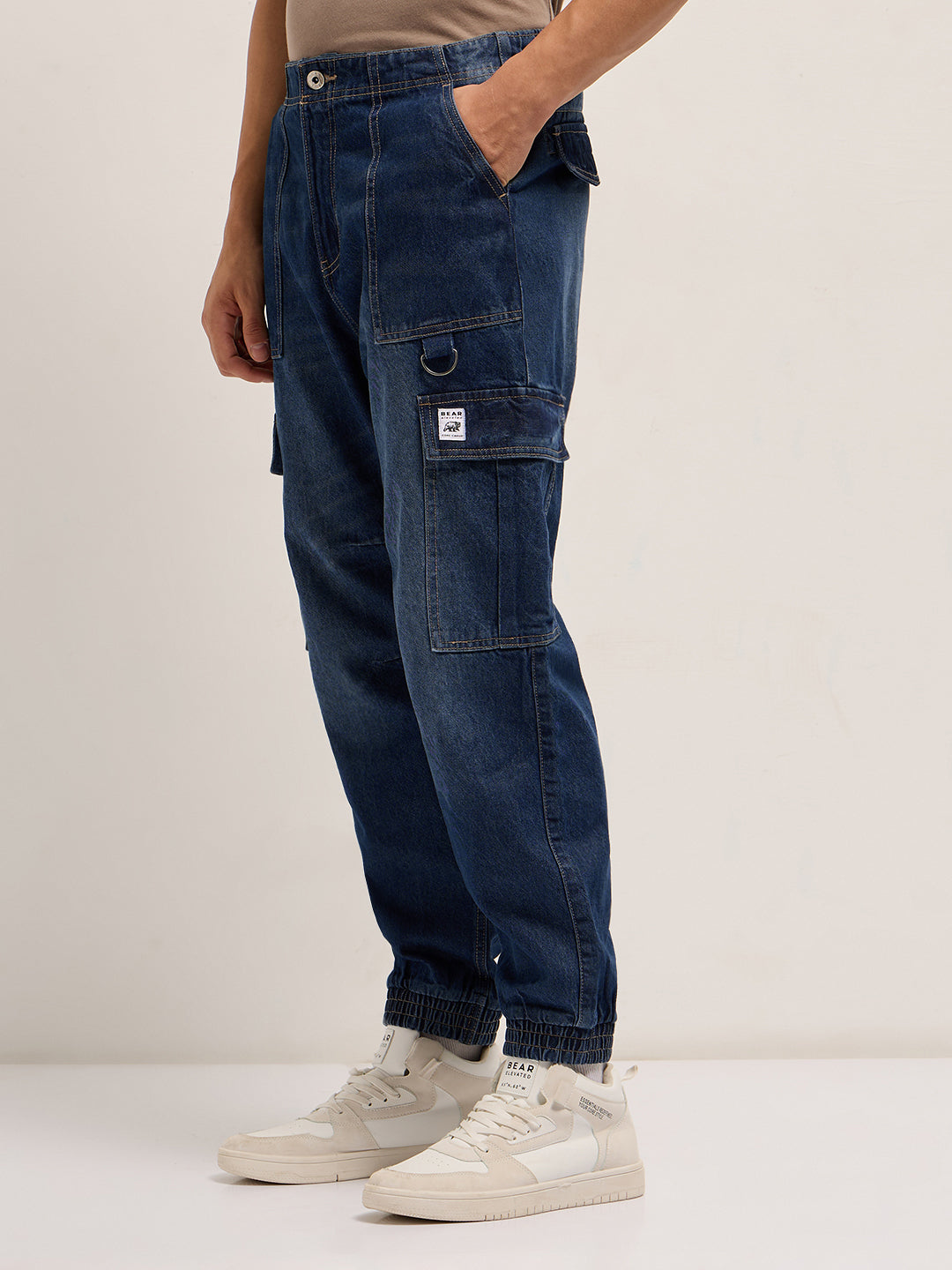 Dark Blue Baggy Fit Jogger-Style jean with Cargo Pockets