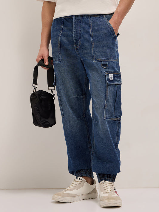 Mid Blue Baggy Fit Jogger-Style jean with Cargo Pockets