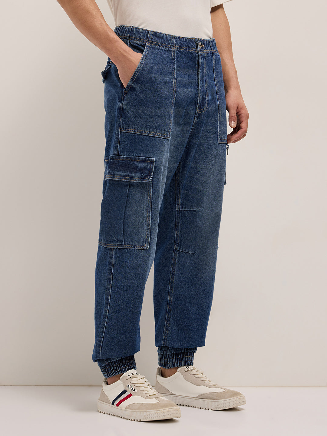 Mid Blue Baggy Fit Jogger-Style jean with Cargo Pockets