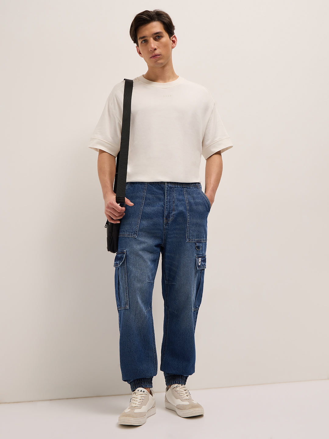 Mid Blue Baggy Fit Jogger-Style jean with Cargo Pockets