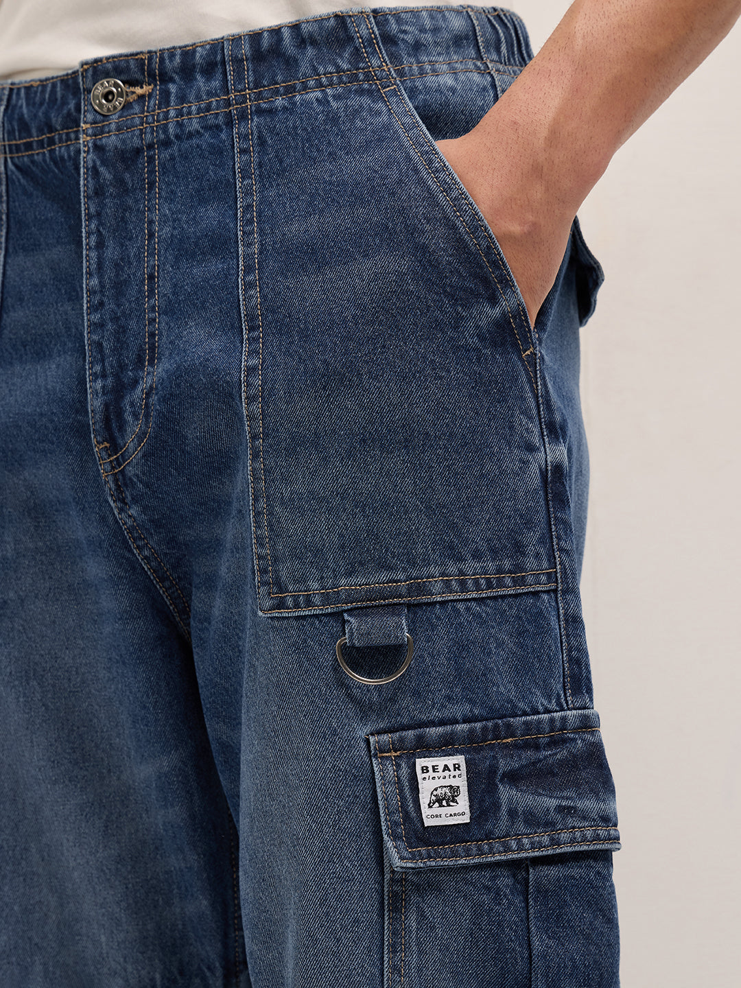 Mid Blue Baggy Fit Jogger-Style jean with Cargo Pockets