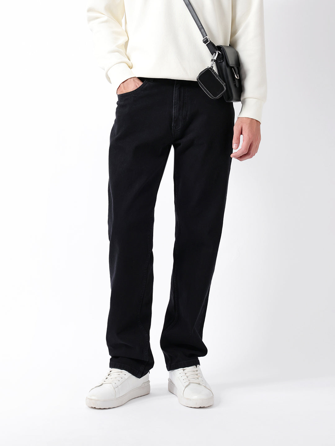 Black Mid-Rise Straight Fit Jeans with Light Fade