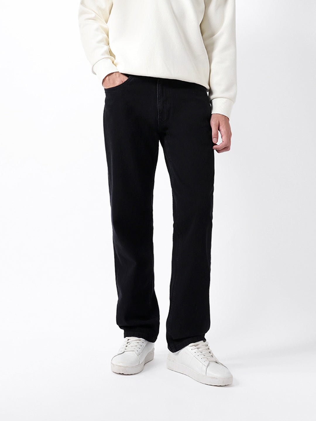 Black Mid-Rise Straight Fit Jeans with Light Fade
