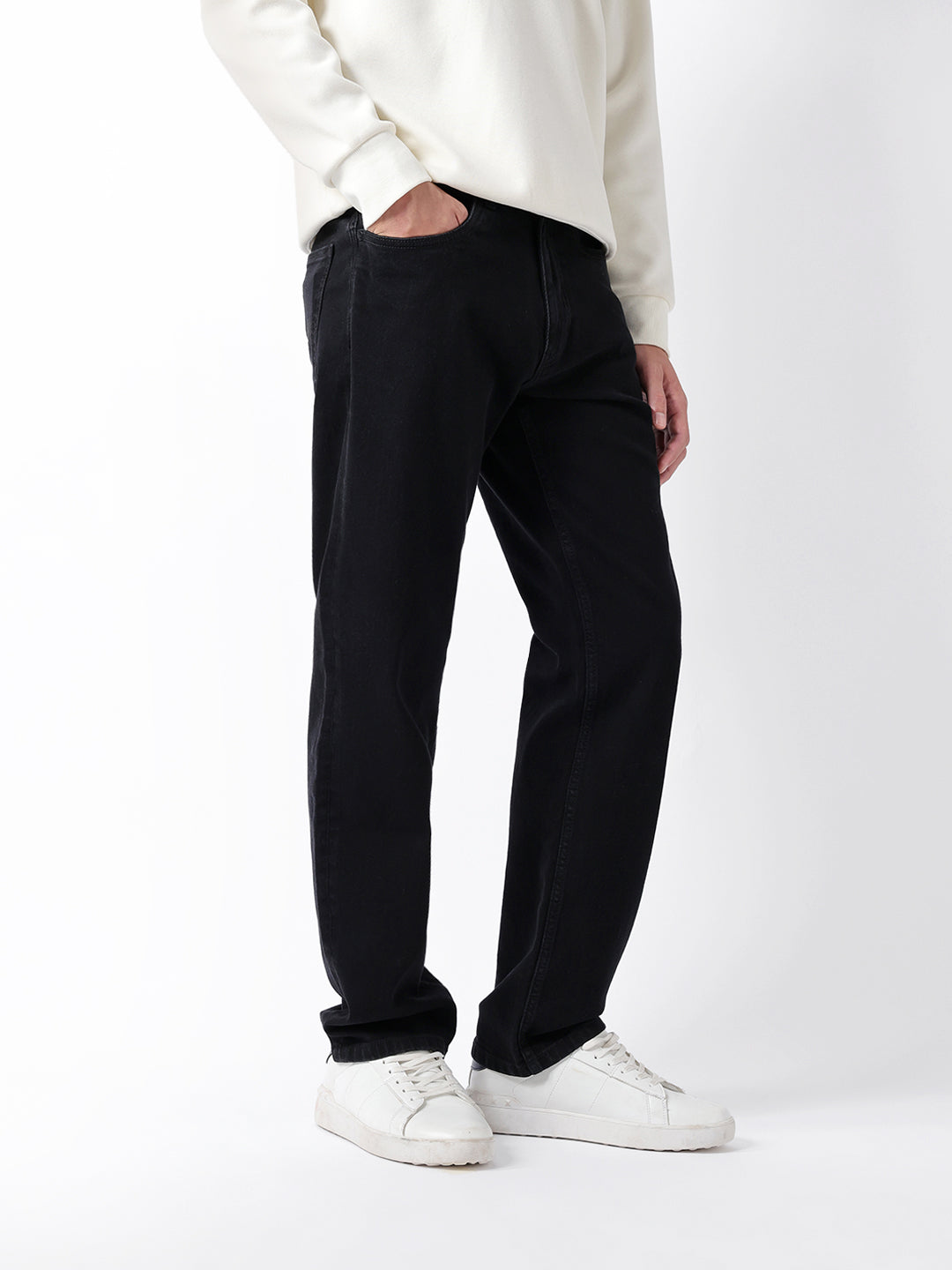 Black Mid-Rise Straight Fit Jeans with Light Fade
