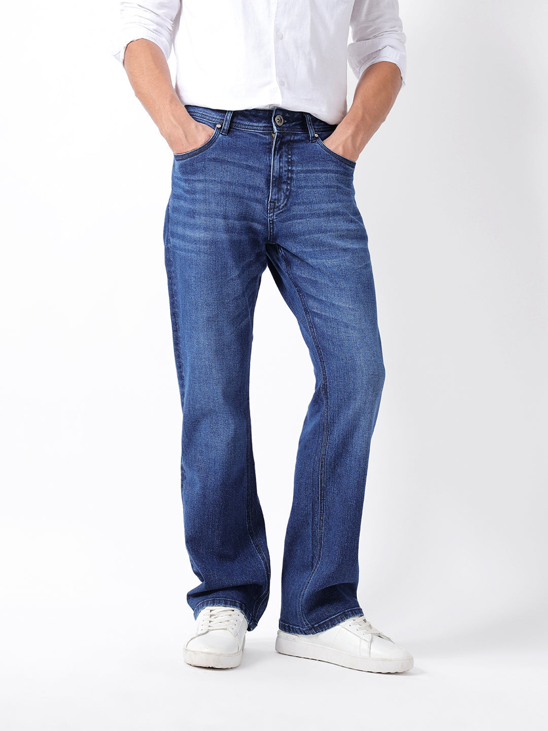 Mid Blue Mid-Rise Bootcut Jeans with Mid Fade
