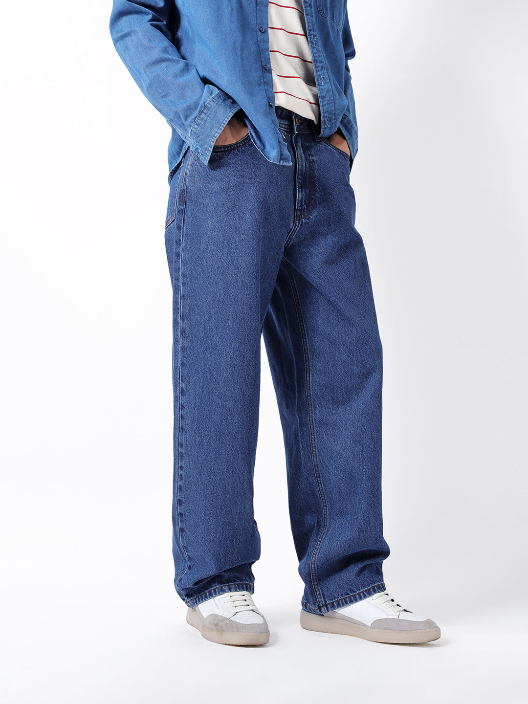Mid Blue Mid-Rise Baggy Fit Jeans with Light Fade