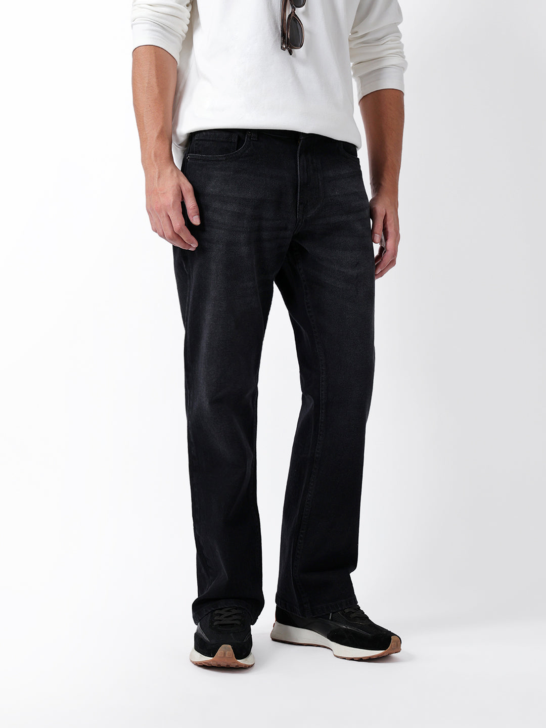 Black Mid-Rise Boot Cut Jeans with Light Fade