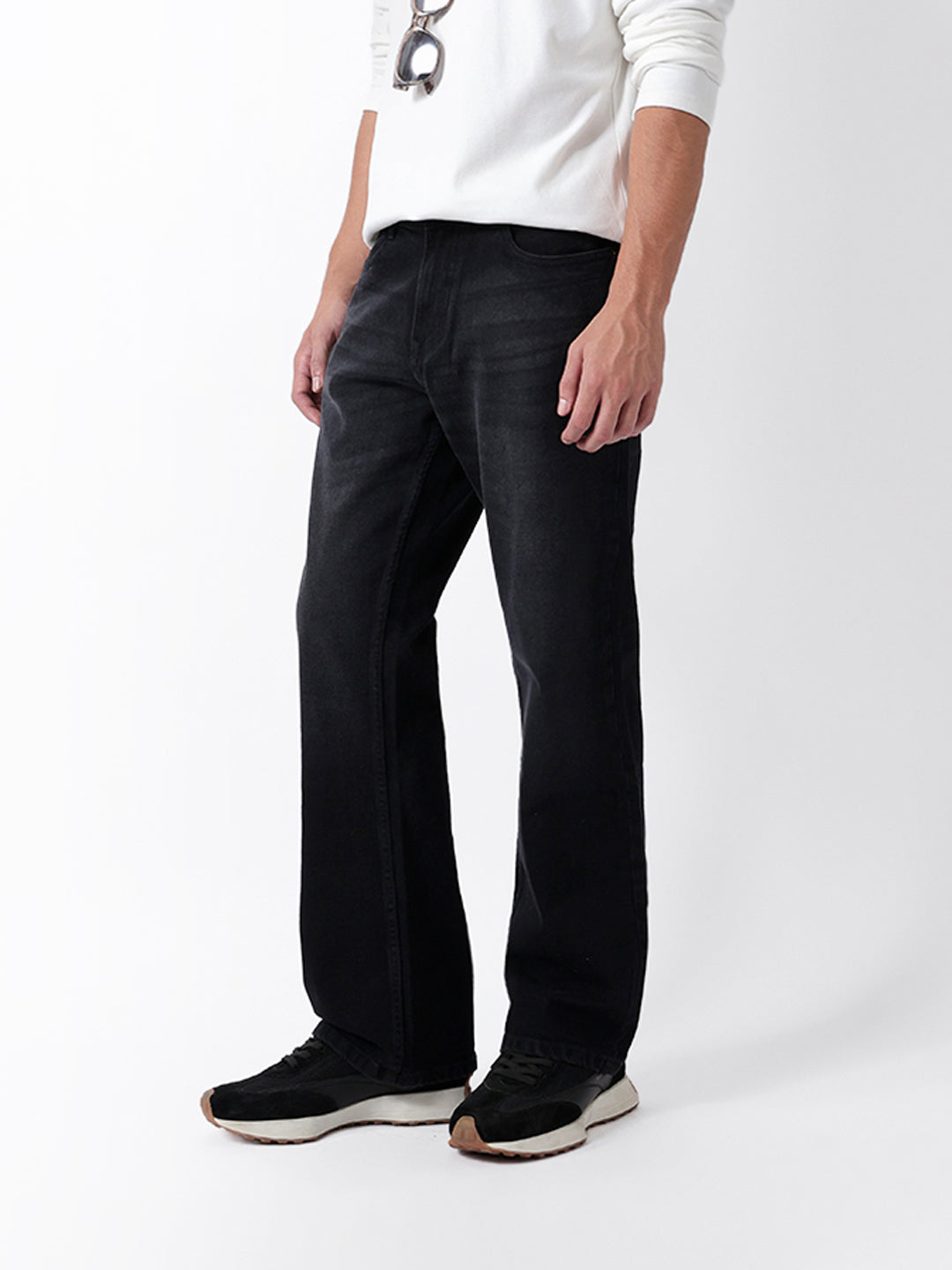 Black Mid-Rise Boot Cut Jeans with Light Fade
