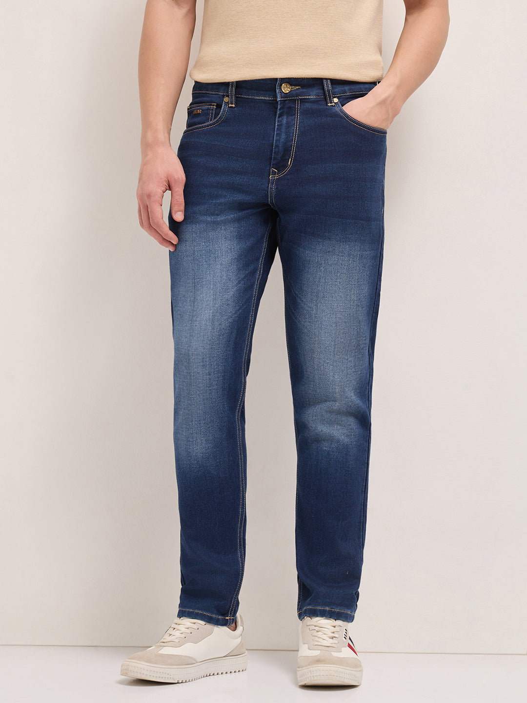 Blue Mid-Rise Slim Fit Jeans with Mid Fade