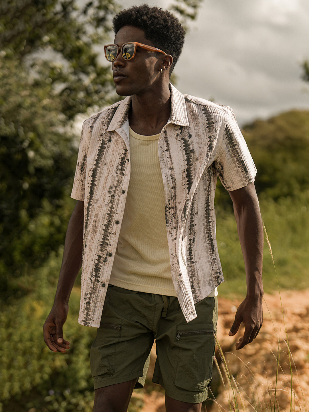 Beige & Olive Abstract Textured Printed Relaxed Fit Casual Shirt
