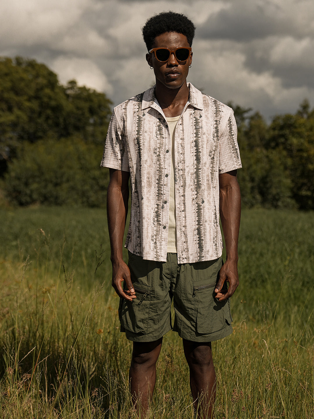 Beige & Olive Abstract Textured Printed Relaxed Fit Casual Shirt