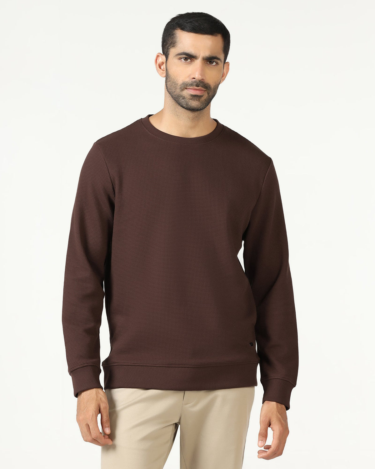 Dark Brown Crew Neck Textured Sweatshirt - Pan