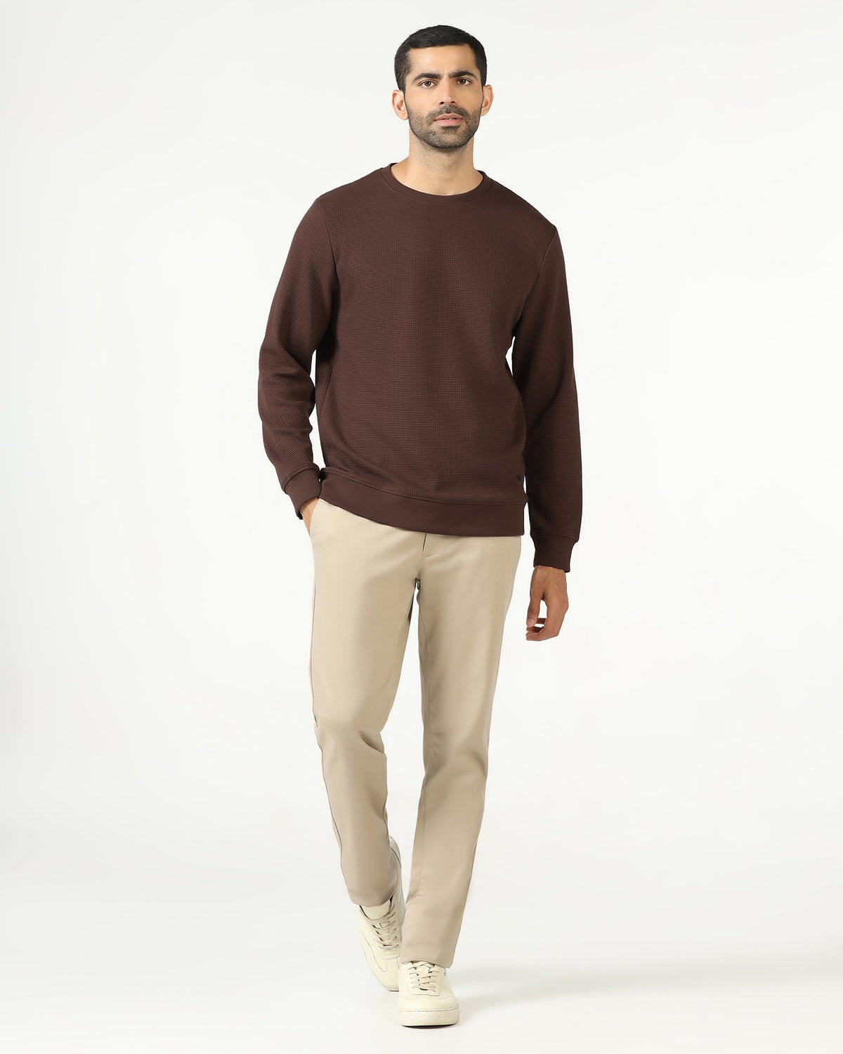 Dark Brown Crew Neck Textured Sweatshirt - Pan