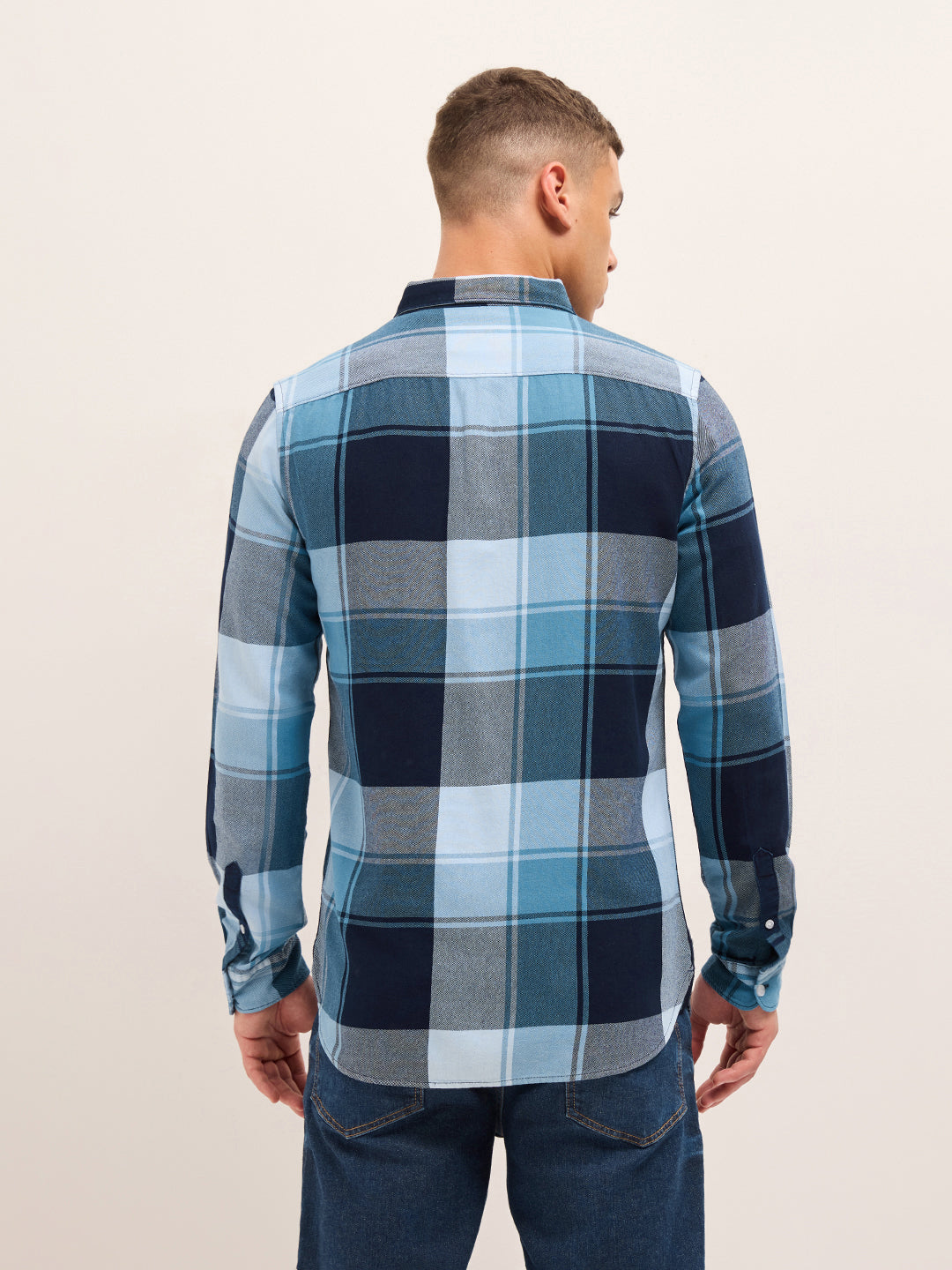 Blue Woven Checked Slim Fit Casual Shirt