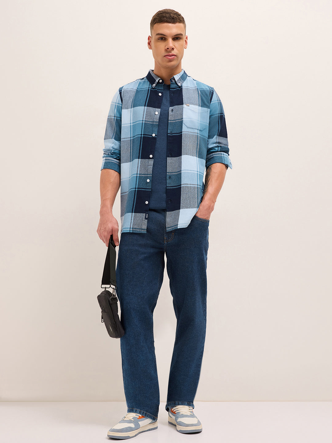 Blue Woven Checked Slim Fit Casual Shirt