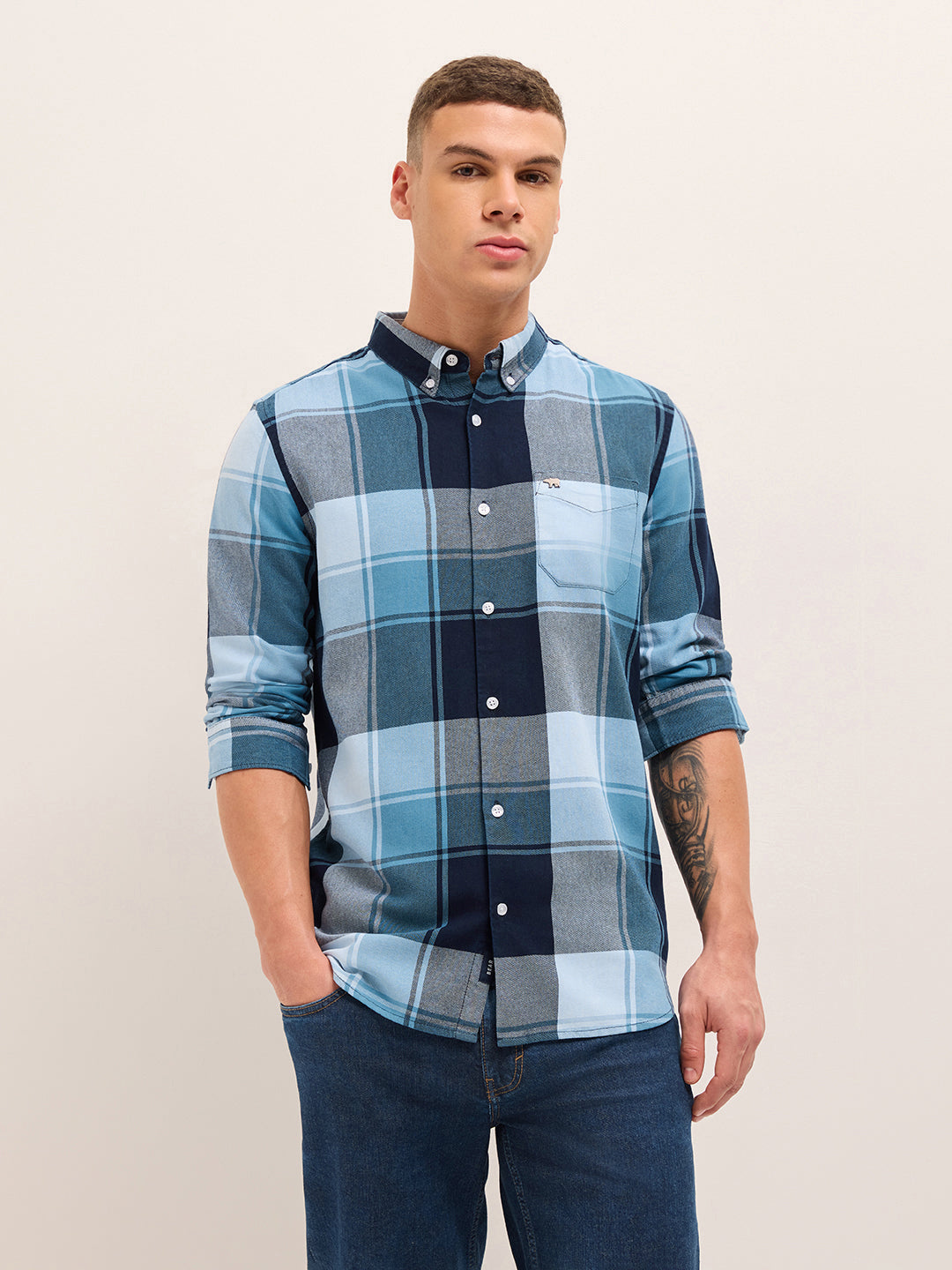 Blue Woven Checked Slim Fit Casual Shirt