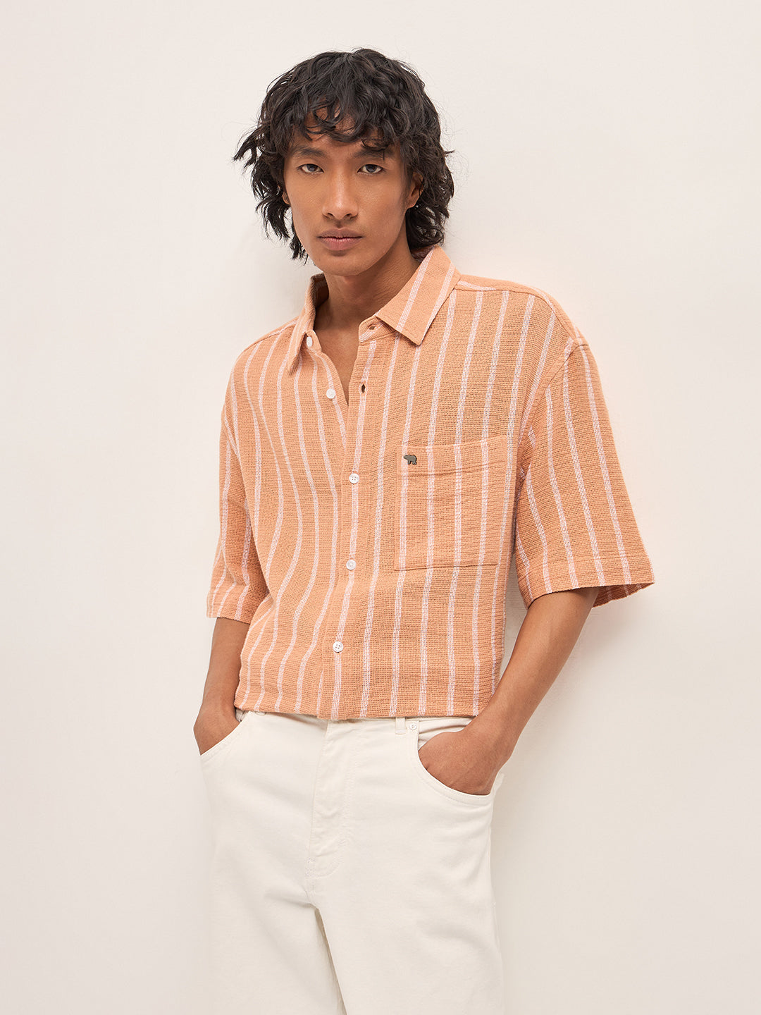 Peach Vertical Textured Woven Stripe Relaxed Fit Casual Shirt