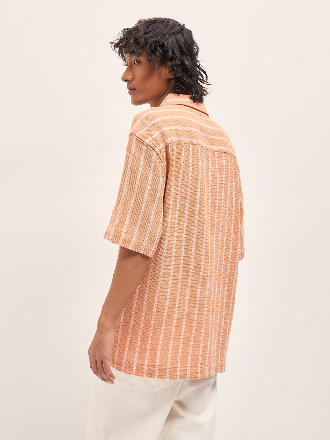 Peach Vertical Textured Woven Stripe Relaxed Fit Casual Shirt